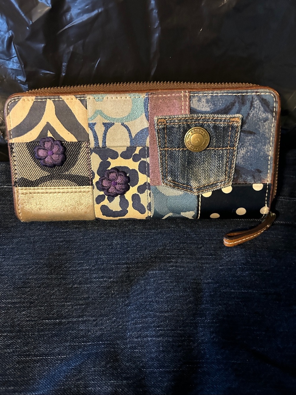 Coach Patchwork Floral Denim Zip Wallet - Blue, Purple, Tan - Picture 2 of 12